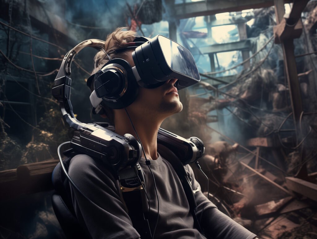 person wearing futuristic high tech virtual reality glasses
